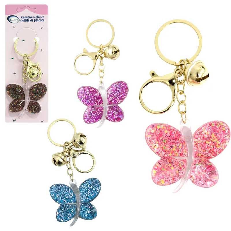 CHAVEIRO DE ACRILICO BORBOLETA COM GLITTER E GUIZO 5X4X1CM