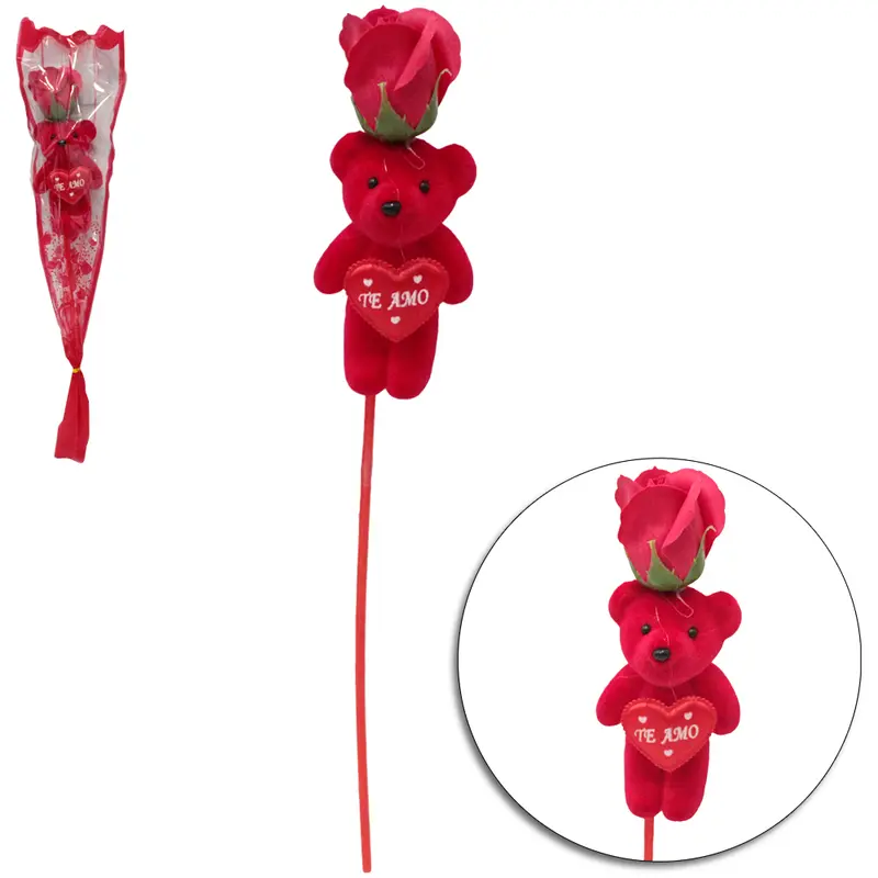 FLOR PERMANENTE BOTAO DE ROSA COM URSO 46CM