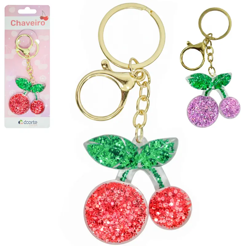 CHAVEIRO DE ACRILICO CEREJA COM GLITTER PAPER