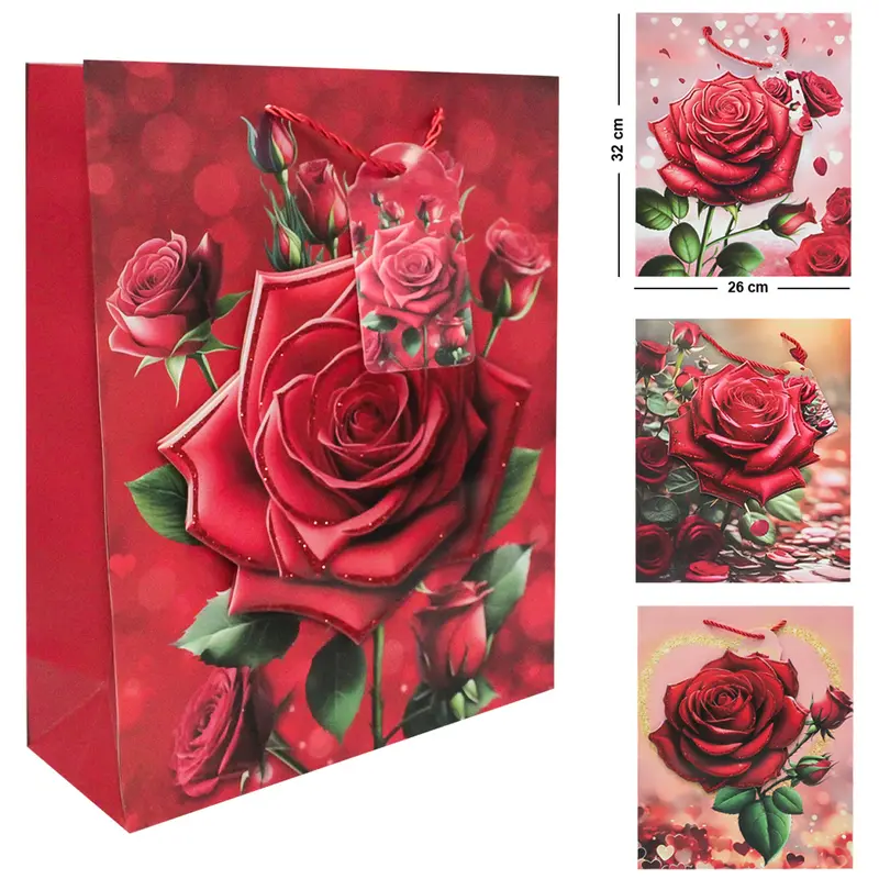 BOLSA SACOLA DE PAPEL PARA PRESENTE LUXO FLORAL COM GLITTER 3D 32X26X10CM