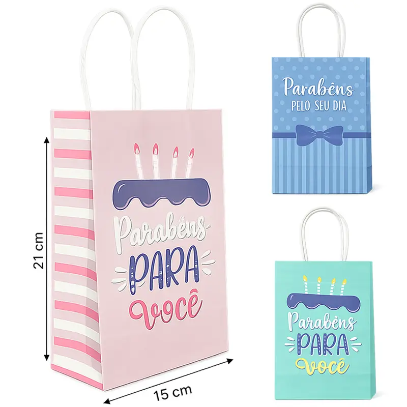 BOLSA SACOLA DE PAPEL PARA PRESENTE ESTAMPAS SORTIDAS 21X15X8CM