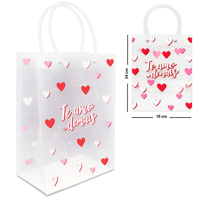 BOLSA SACOLA DE PLASTICO PARA PRESENTE TRANSPARENTE TE AMO EM CADA DETALHE / TE AMO DEMAIS P 24X18X10CM