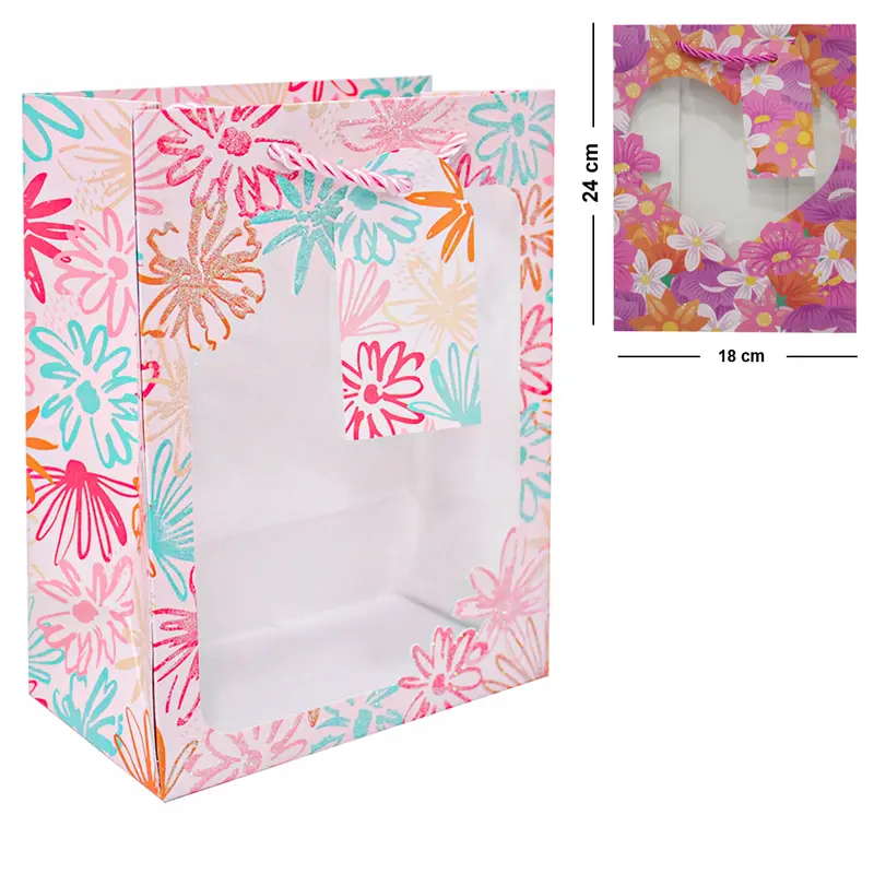 BOLSA SACOLA DE PAPEL PARA PRESENTE LUXO FLORAL COMO GLITTER E VISOR P 23X18X10CM