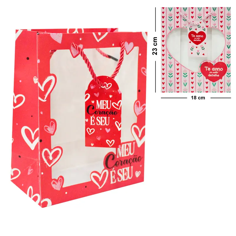 BOLSA SACOLA DE PAPEL PARA PRESENTE LUXO TE AMO DEMAIS COM GLITTER E VISOR P 23X18X10CM