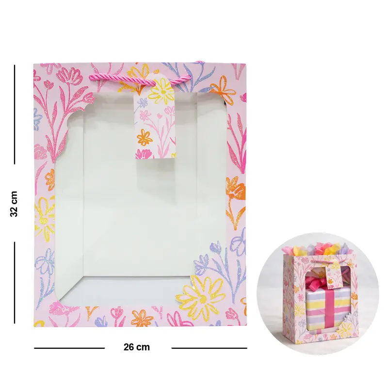 BOLSA SACOLA DE PAPEL PARA PRESENTE LUXO FLORAL COM GLITTER E VISOR M 32X26X12CM