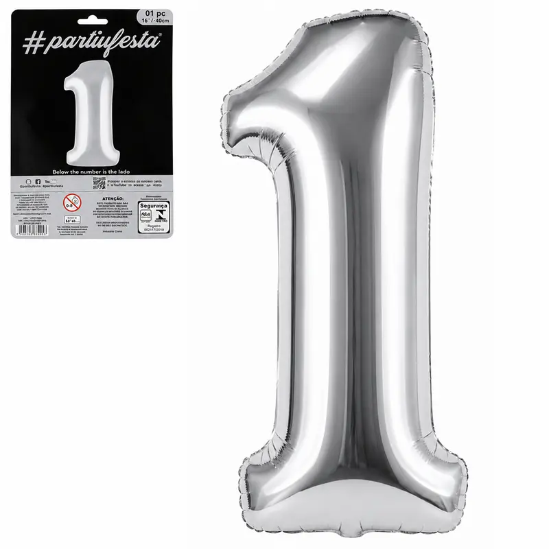 BALAO / BEXIGA NUMERO 1 METALIZADO PRATA 16'' 40CM