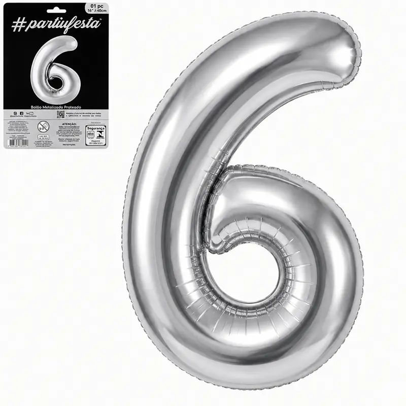 BALAO / BEXIGA NUMERO 6 METALIZADO PRATA 16'' 40CM