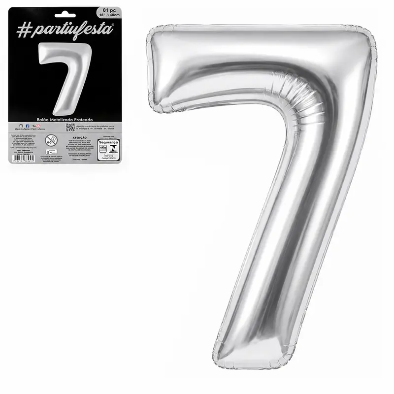 BALAO / BEXIGA NUMERO 7 METALIZADO PRATA 16'' 40CM