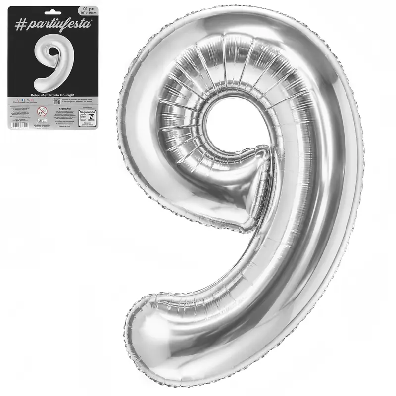 BALAO / BEXIGA NUMERO 9 METALIZADO PRATA 16'' 40CM