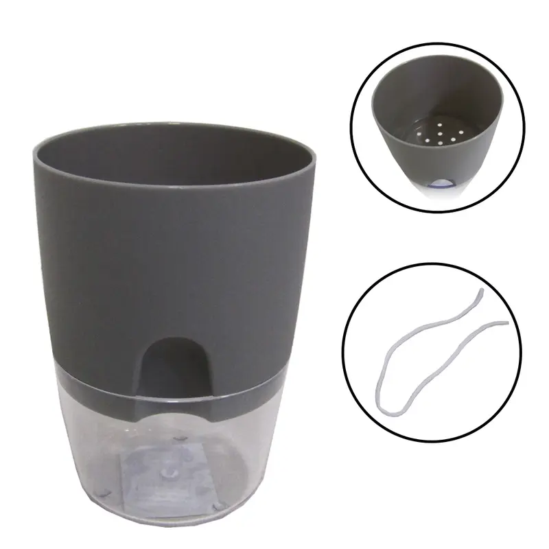 VASO REDONDO AUTO IRRIGAVEL CINZA COM CORDAO 11X8CM DE Ø DE PLASTICO