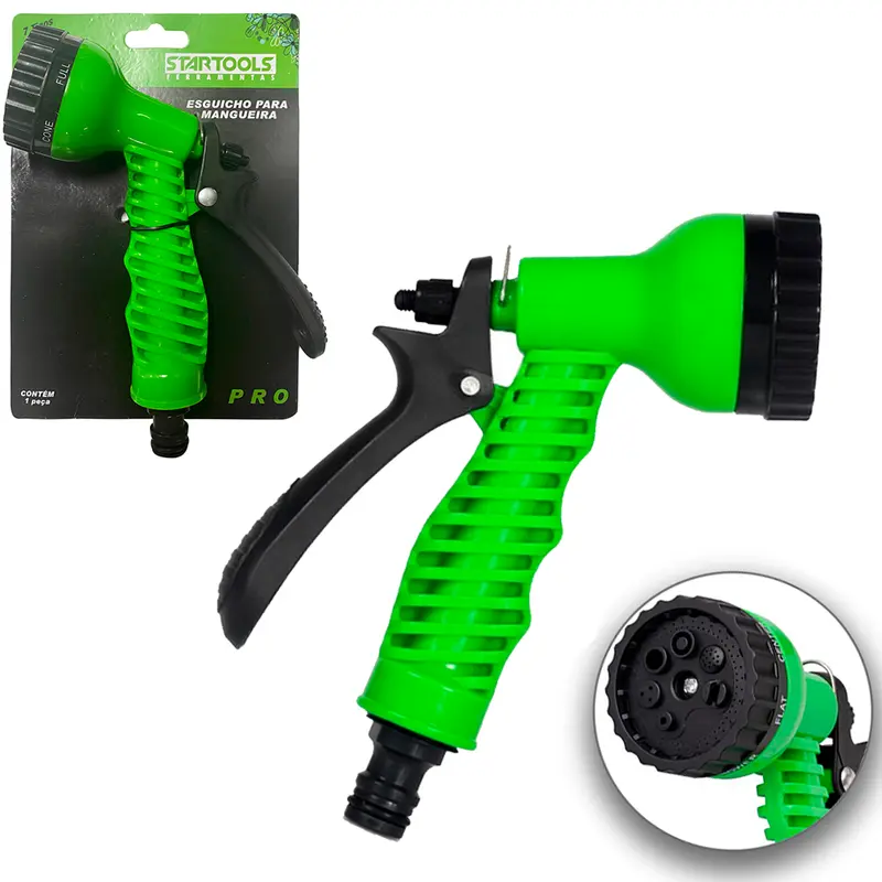 ESGUICHO PARA MANGUEIRA COM JATO 7 FUNCOES + CONECTOR CURTO E TRAVA VERDE PRO 19X15CM