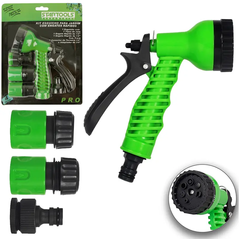 ESGUICHO PARA MANGUEIRA COM JATO 7 FUNCOES + 2 ENGATES ½'' + CONECTOR CURTO E BICO COM REDUTOR ¾'' PARA ½'' PRO