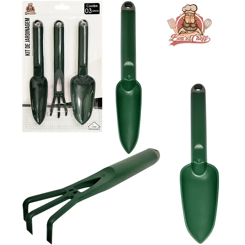 KIT PARA JARDIM COM 2 PAS + GARFO E ANCINHO / RASTELO CABO PLASTICO 3 PECAS