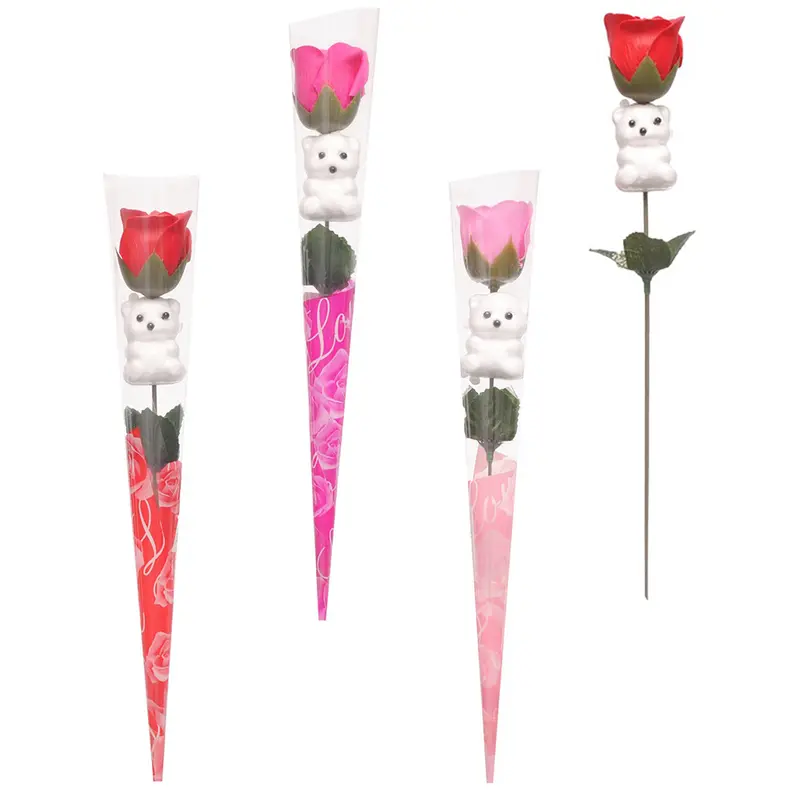 FLOR PERMANENTE BOTAO DE ROSA COM URSO 34CM