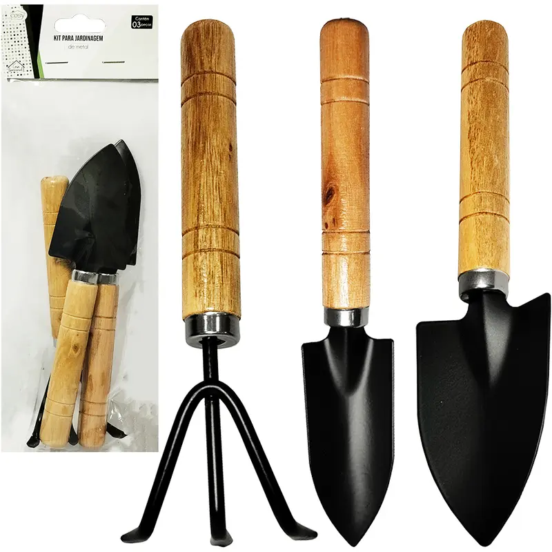 KIT PARA JARDIM COM 2 PAS + ANCINHO / RASTELO CABO MADEIRA COM 3 PECAS
