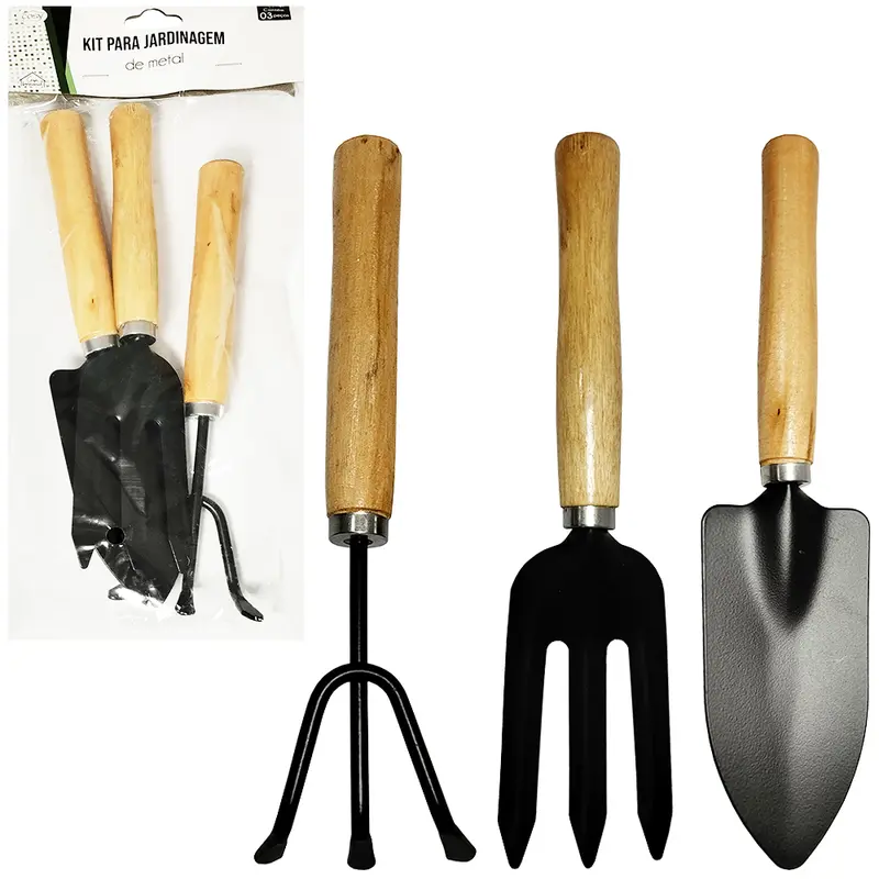 KIT PARA JARDIM COM PA + GARFO E ANCINHO / RASTELO CABO MADEIRA 3 PECAS NA SOLAPA