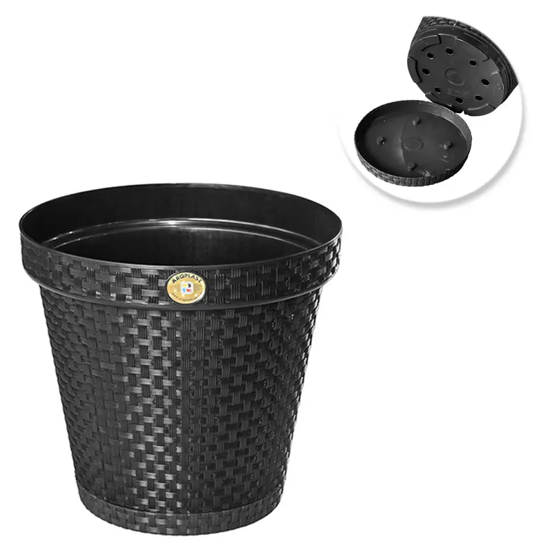 VASO REDONDO RATTAN PRETO ANTIDENGUE COM PRATO 10L 25,5X27,5CM DE Ø DE PLASTICO