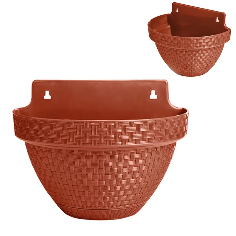 VASO MEIA LUA DE PAREDE RATTAN TELHA TERRACOTA ANTIDENGUE COM PRATO 3L 24X18X14CM DE PLASTICO