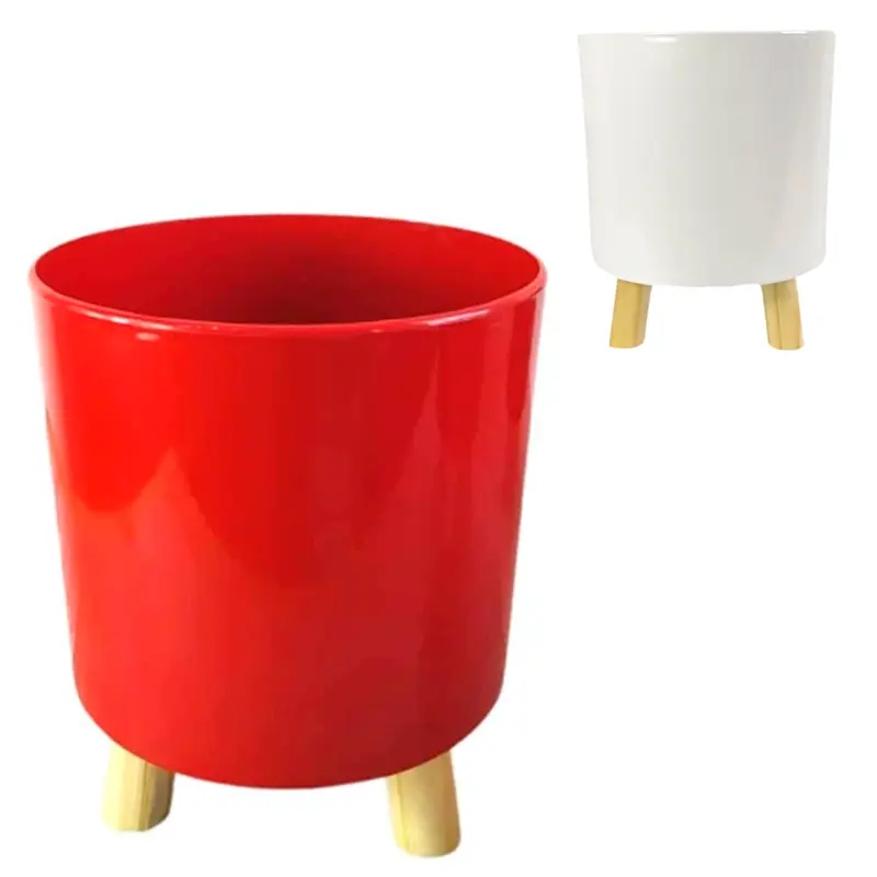 CACHEPOT DE PLASTICO REDONDO COM PE DE MADEIRA 19,5X16CM DE Ø