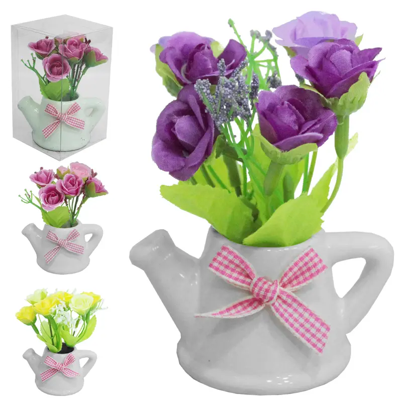 FLOR PERMANENTE ROSA COM VASO DE PORCELANA REGADOR 10,5X5,6CM VCF