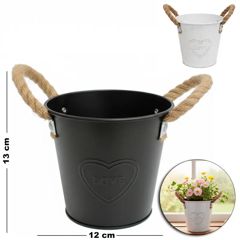 VASO DECORATIVO DE METAL REDONDO COM ALCA DE CORDA 13X12X9,5CM