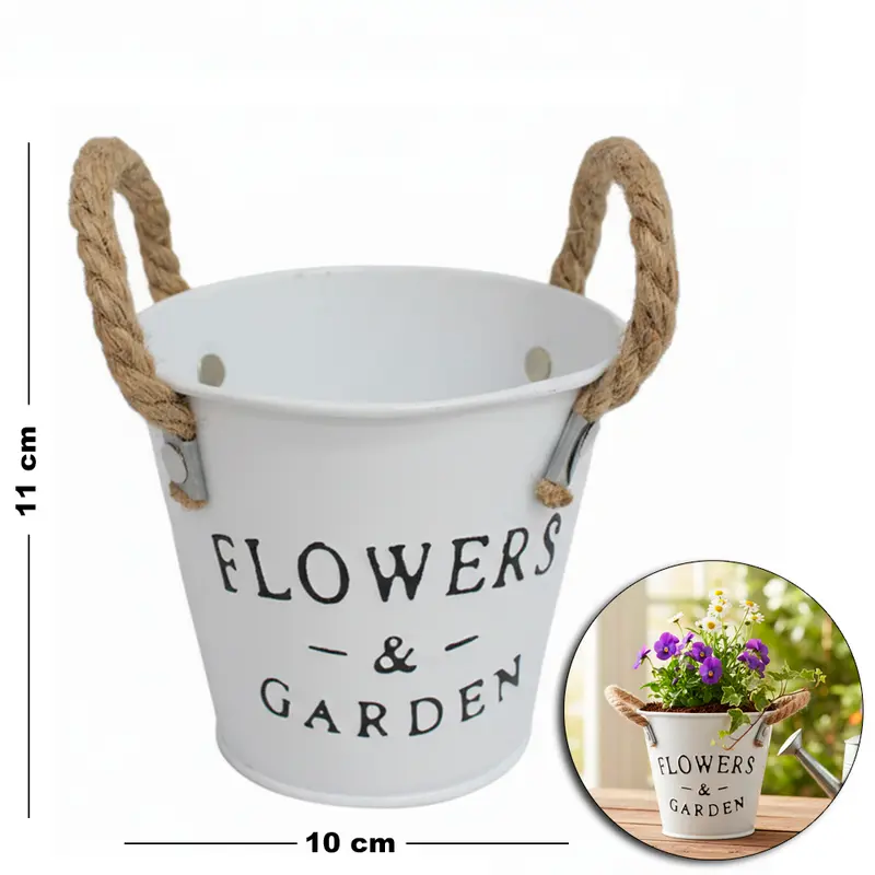 VASO DECORATIVO DE METAL REDONDO COM ALCA DE CORDA 11X10X7,5CM