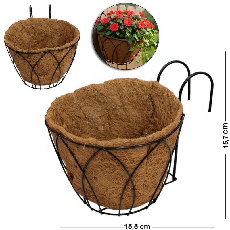 CESTO SUSPENSO / VASO DE FIBRAS NATURAIS COM GANCHO E SUPORTE ARAMADO 15,7X15,5X10CM
