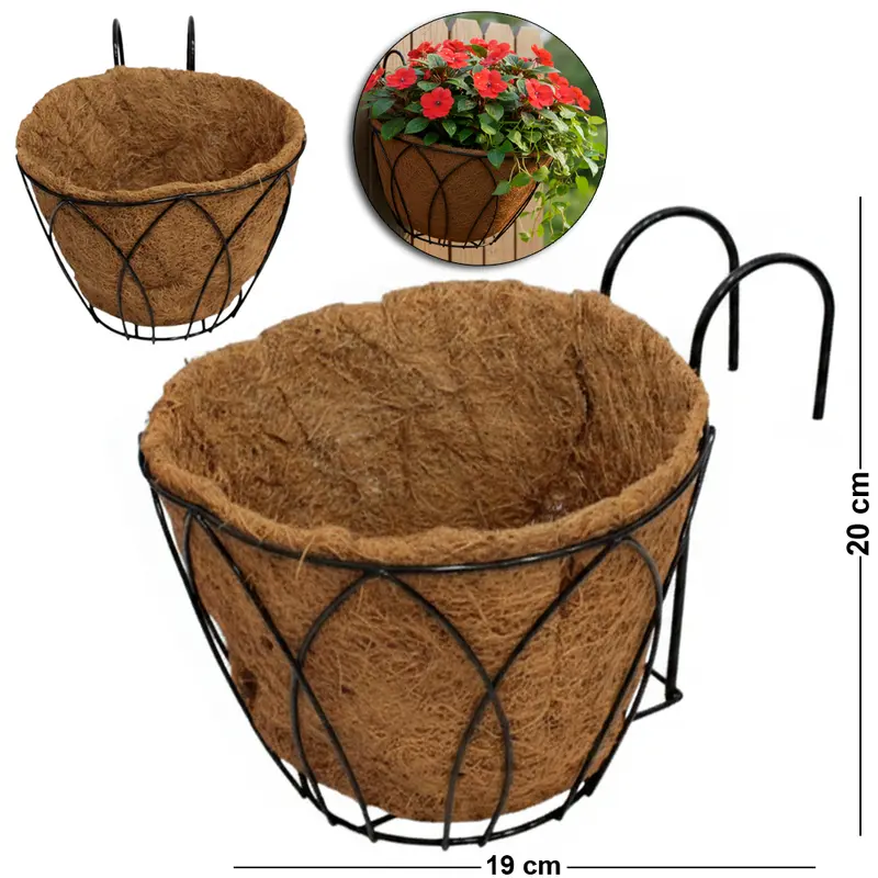 CESTO SUSPENSO / VASO DE FIBRAS NATURAIS COM GANCHO E SUPORTE ARAMADO 20X19X10CM