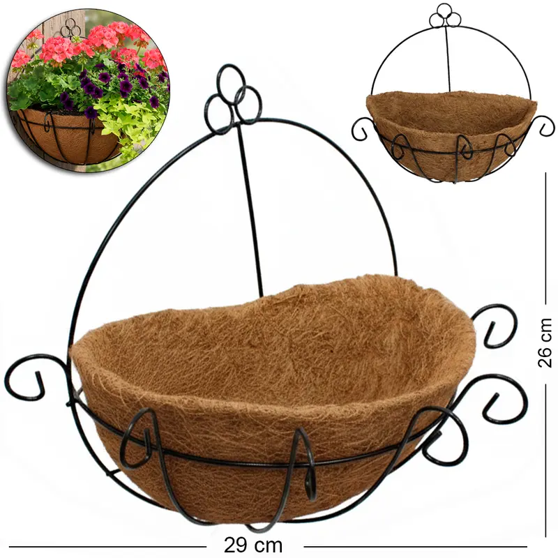 CESTO SUSPENSO / VASO DE FIBRAS NATURAIS COM GANCHO E SUPORTE ARAMADO DE PAREDE 29X26X17CM