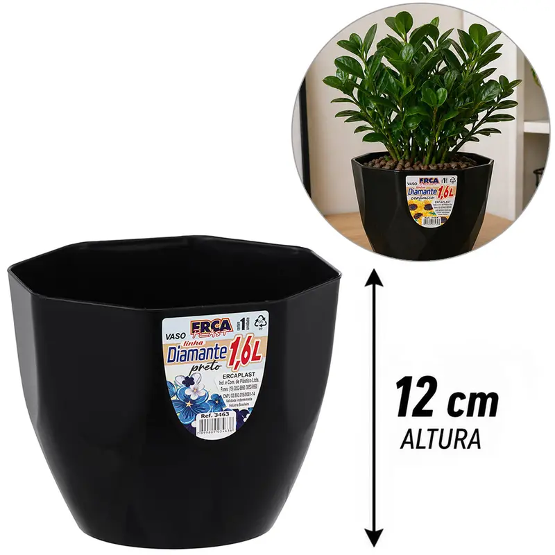 VASO OITAVADO DIAMANTE PRETO 1,6L 12X15CM DE PLASTICO