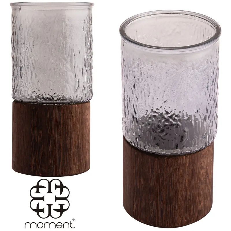 VASO DE VIDRO REDONDO CILINDRICO COM BASE DE MADEIRA 1,28L 25X10CM DE Ø