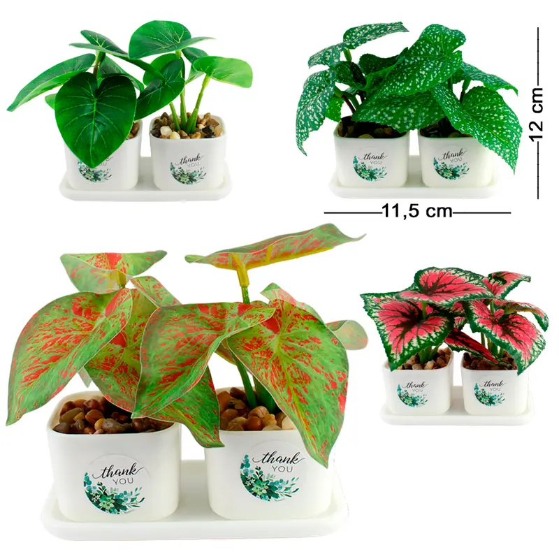 FLOR PERMANENTE FOLHAGEM DUPLA COM VASO E PRATO DE PLASTICO 12X11,5X6CM VCF