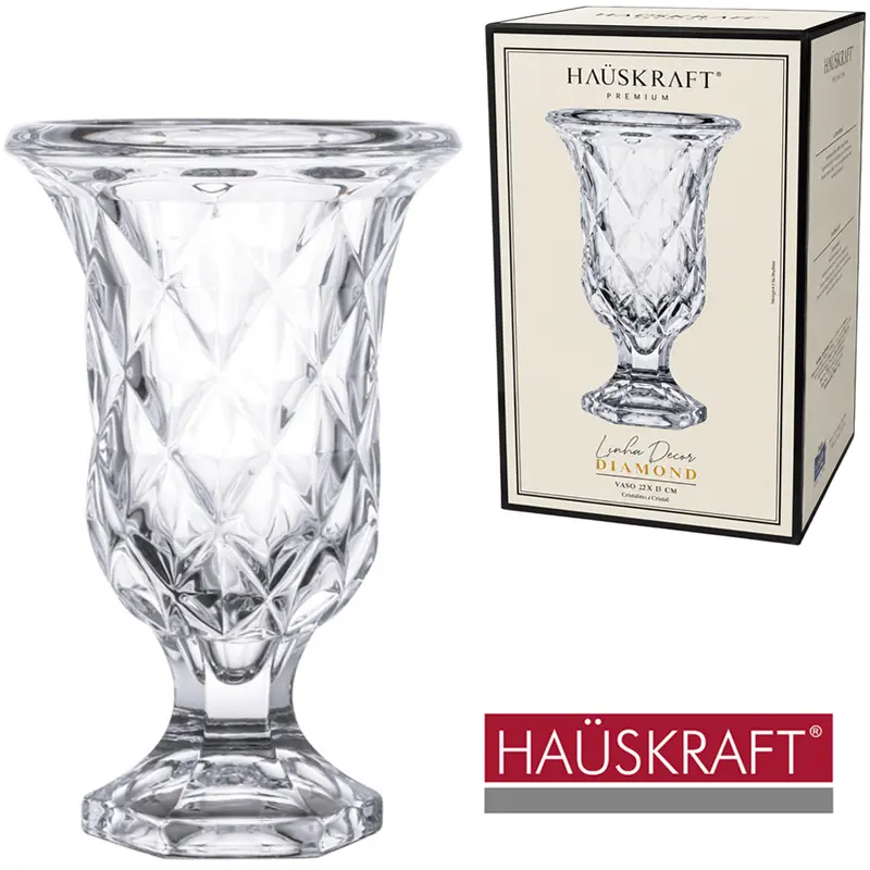 VASO DE VIDRO CRISTAL REDONDO LINHA DECOR DIAMOND HAUSKRAFT PREMIUM 23,5X14,5CM DE Ø