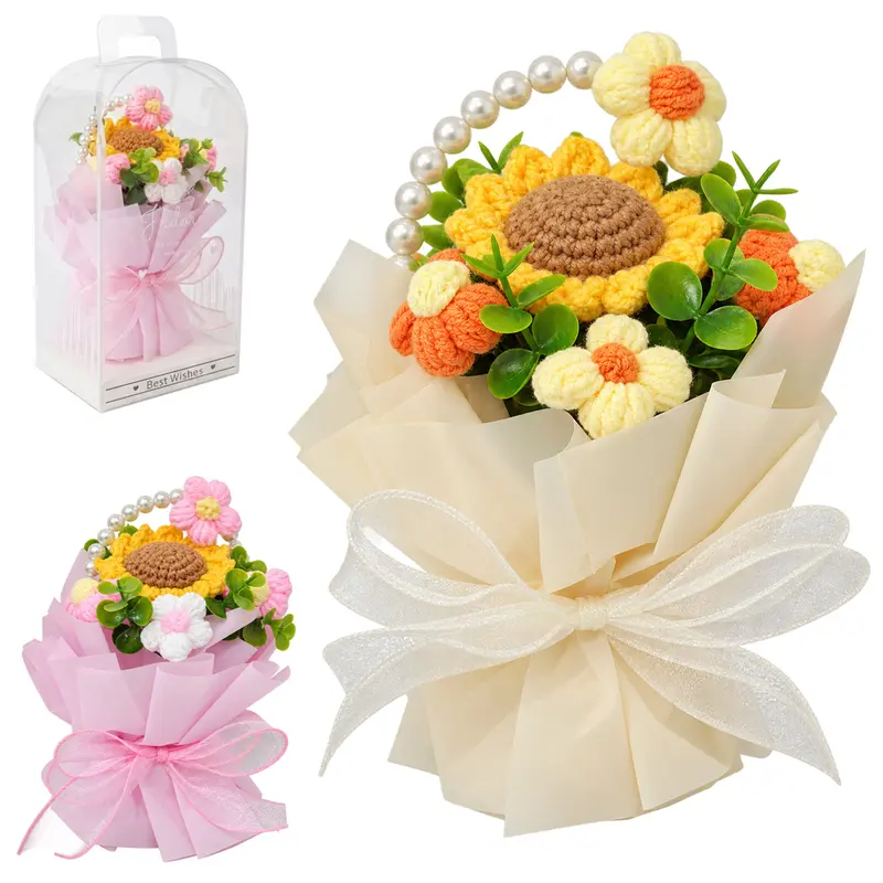 FLOR PERMANENTE BUQUE GIRASSOL DE CROCHE COM VASO REDONDO COM CAIXA DE PVC 25,5X13X10CM