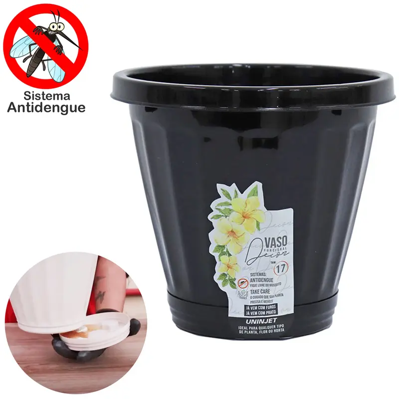 VASO REDONDO PRETO FUNCIONAL DECOR ANTIDENGUE N°17 COM PRATO 1,9L 14,5X17CM DE Ø DE PLASTICO