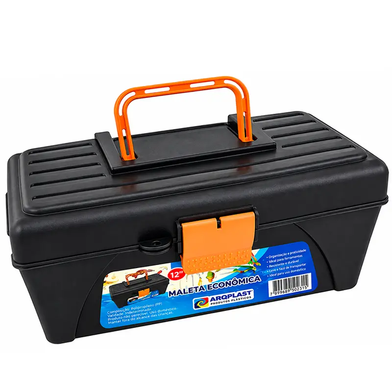 MALETA DE PLASTICO FERRAMENTA / PESCARIA COM BANDEJA ECONOMICA PRETA/LARANJA 30,5X13X15,5CM