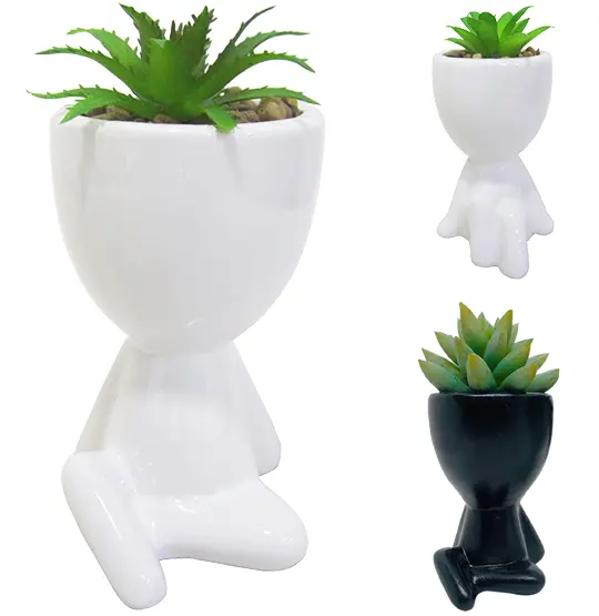 FLOR PERMANENTE SUCULENTA COM VASO ROBERT PLANT SENTADO DE PORCELANA PRETO / BRANCO 14X8CM
