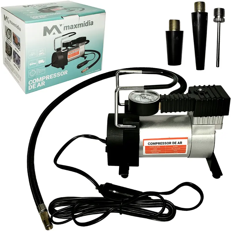 MINI COMPRESSOR DE AR AUTOMOTIVO 12V COM CALIBRADOR + 3 BICOS 150PSI MAXMIDIA