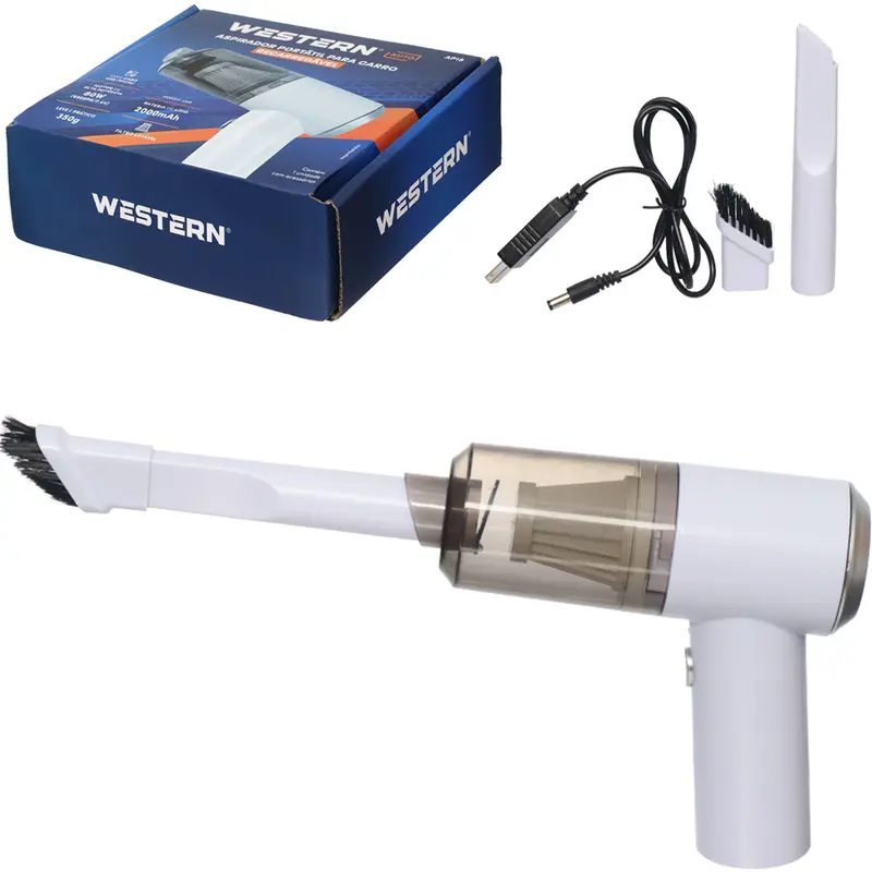 ASPIRADOR DE PO AUTOMOTIVO PORTATIL RECARREGAVEL 7,4V 80W COM FILTRO + BICO E ESCOVA PARA FRESTAS E CABO USB
