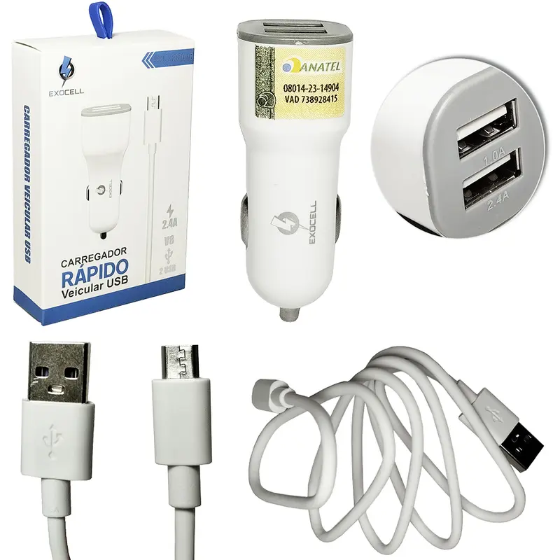 CARREGADOR VEICULAR RAPIDO COM 2 SAIDAS USB 2.4A + CABO V8 EXOCELL 1M