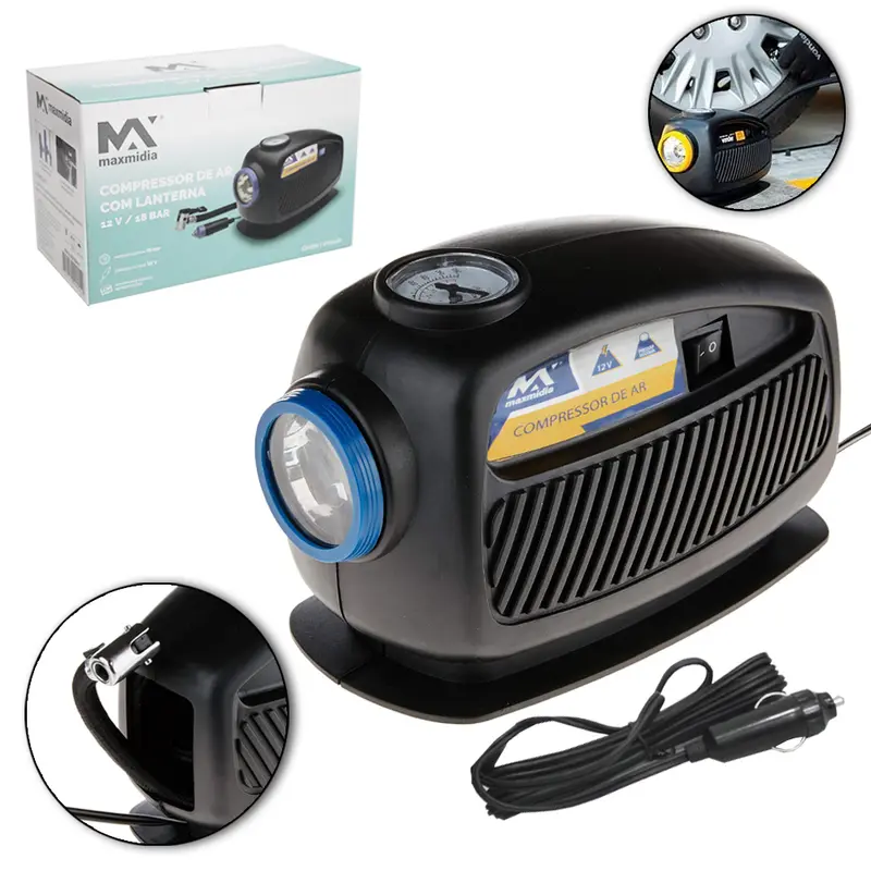 MINI COMPRESSOR AR AUTOMOTIVO 12V/18 BAR COM LANTERNA + CALIBRADOR E 3 BICOS MAXMIDIA