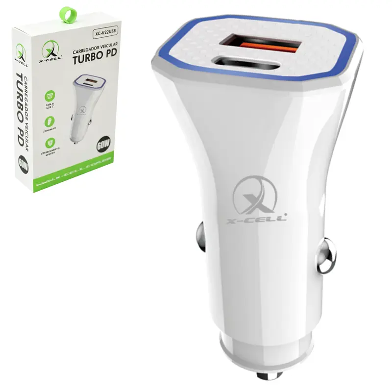 CARREGADOR VEICULAR TURBO PD 60W COM 2 SAIDAS USB E 1 TIPO C X-CELL