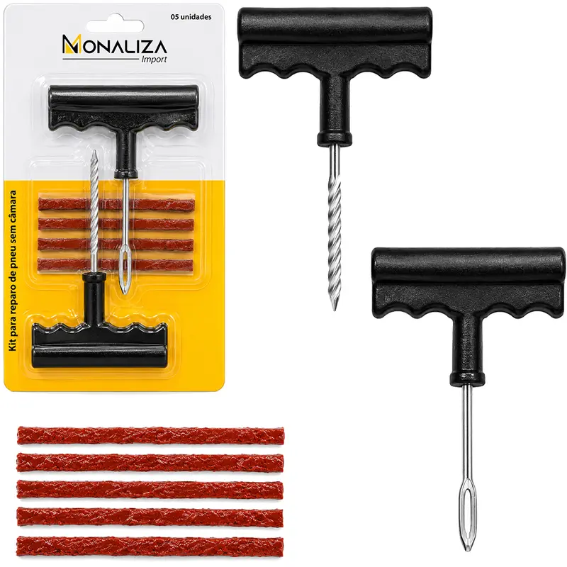 KIT REPARO PARA PNEU DE CARRO E MOTO COM MACARRAO + ESCAREADOR 5 PECAS