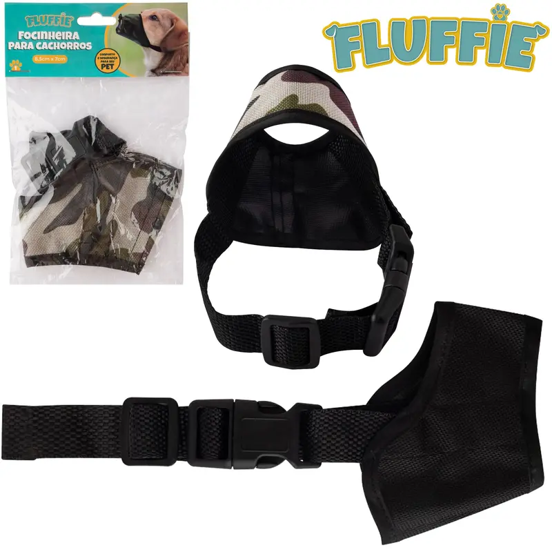 FOCINHEIRA PARA CACHORRO DE POLIESTER CAMUFLADA / PRETA COM FECHO FLUFFIE 8,5X7CM