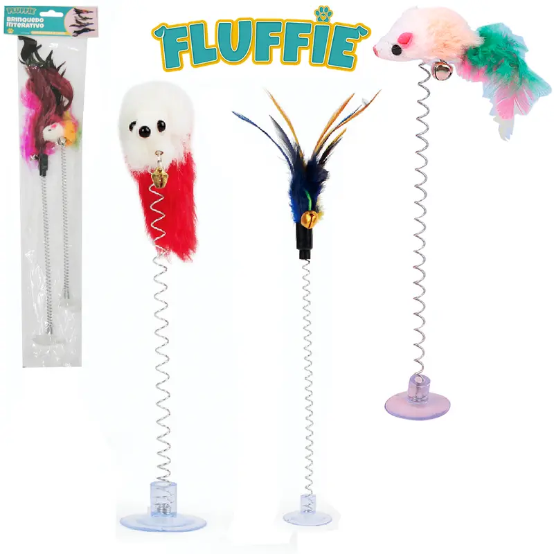 BRINQUEDO PARA GATO MOLA COM RATO / PENA + BASE VENTOSA FLUFFIE 2 PECAS 33/24CM