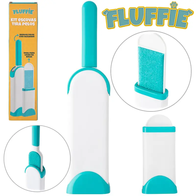 ESCOVA PAPA BOLINHA / TIRA PELO PARA CACHORRO E GATO 2 PECAS 31/22CM 2 DEPOSITOS FLUFFIE