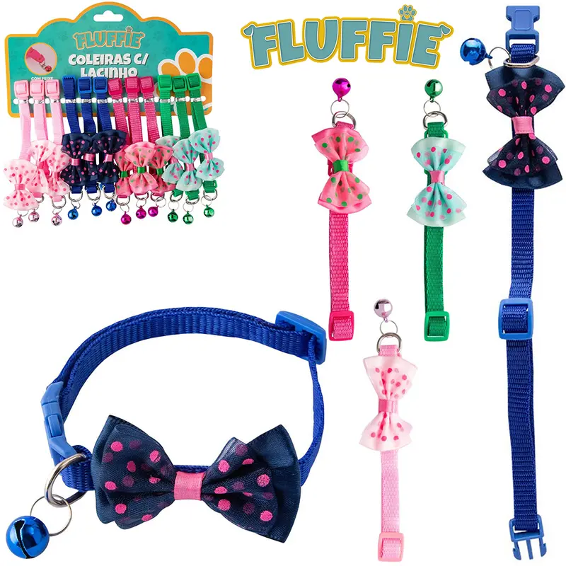 COLEIRA DE POLIESTER PARA CACHORRO COM LACINHO + FECHO E GUIZO FLUFFIE COM 12 PECAS 34X1CM
