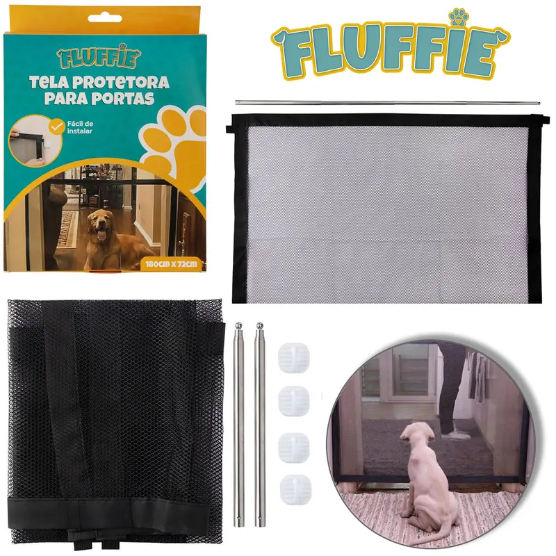 TELA PROTETORA PARA PORTAS DE NYLON COM 4 GANCHOS DE PLASTICO AUTOADESIVO FLUFFIE 180X72CM