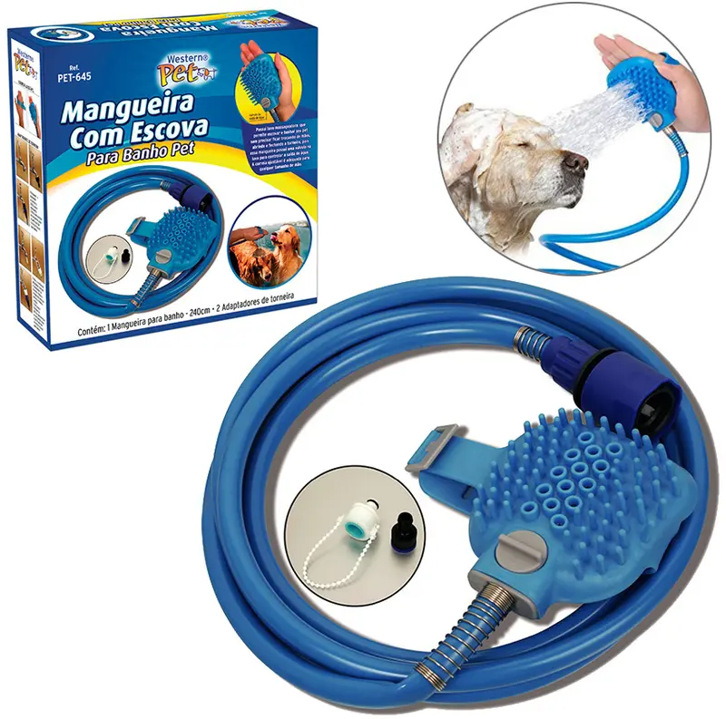 DUCHA / MANGUEIRA PARA CHUVEIRO COM ESCOVA PARA BANHO PET AZUL COM ACESSORIOS