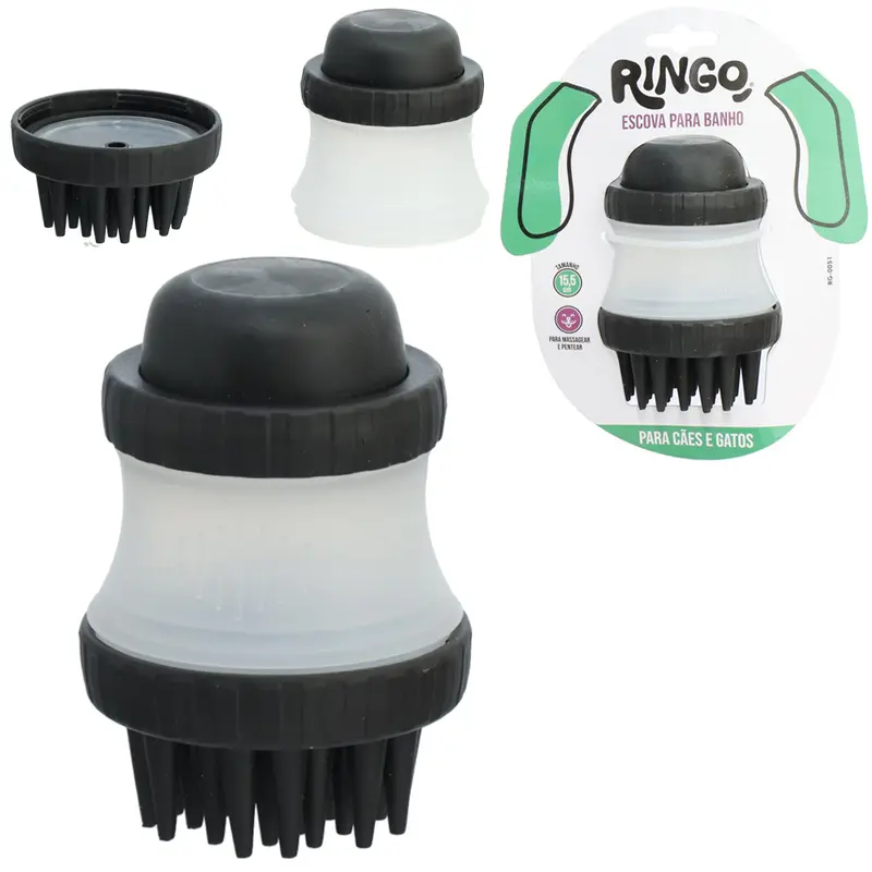 ESCOVA MASSAGEADOR PARA CACHORRO E GATO PARA BANHO COM DISPENSER PARA SHAMPOO 11X7,3CM DE Ø